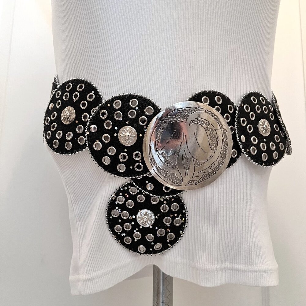 Women's Wrap and Hook Belt-Black Circle/Silver/Iridescent Stars-Y2K Vegan-Adjust